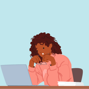 Quelle sont les options? Femme à l'ordinateur, air inquiet